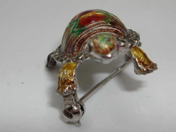 Vintage 1940s Alice Caviness Sterling Silver Turtle Brooch w/ Marcasites & Rhinestones