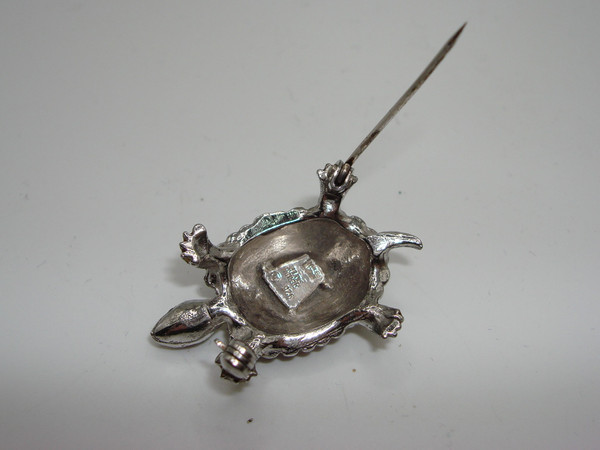 Vintage 1940s Alice Caviness Sterling Silver Turtle Brooch w/ Marcasites & Rhinestones