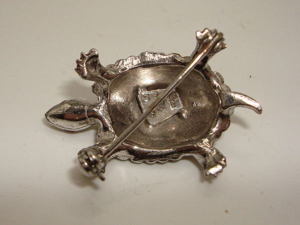 Vintage 1940s Alice Caviness Sterling Silver Turtle Brooch w/ Marcasites & Rhinestones
