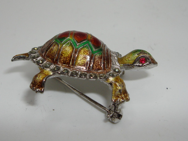 Vintage 1940s Alice Caviness Sterling Silver Turtle Brooch w/ Marcasites & Rhinestones