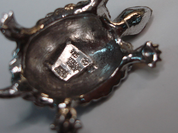 Vintage 1940s Alice Caviness Sterling Silver Turtle Brooch w/ Marcasites & Rhinestones
