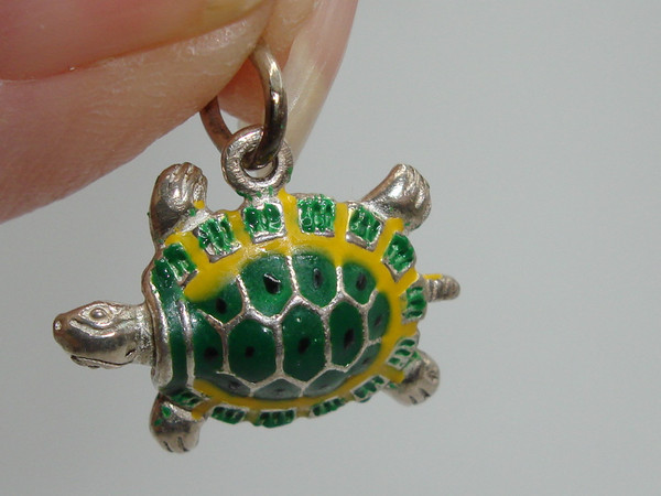 Vintage Slow Poke Sterling Silver Enamel Turtle Charm - 925, Green & Yellow