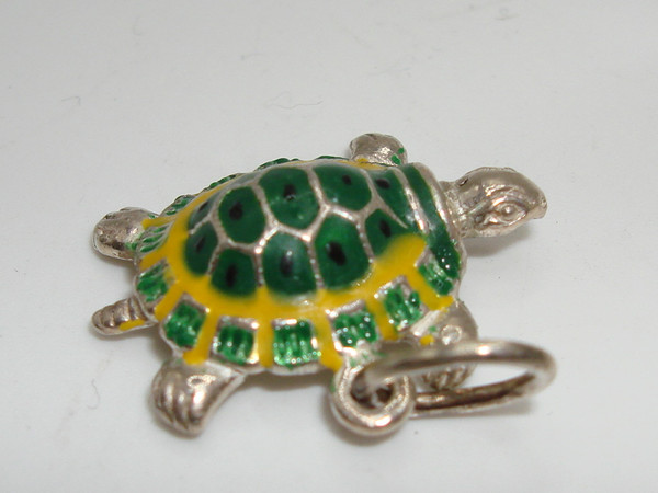 Vintage Slow Poke Sterling Silver Enamel Turtle Charm - 925, Green & Yellow