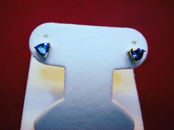 14K Yellow Gold Tanzanite Studs - Sparkling Trillion Cut Earrings (1ct)