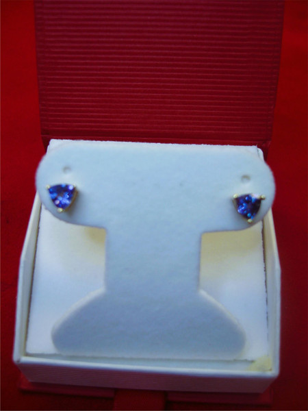 14K Yellow Gold Tanzanite Studs - Sparkling Trillion Cut Earrings (1ct)
