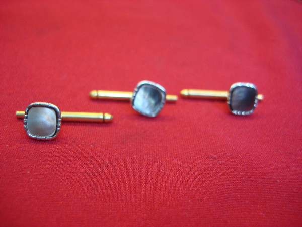 Mother-of-Pearl Shirt Studs Set (3 PC) - 14K Gold Filled - Vintage Estate Jewelry