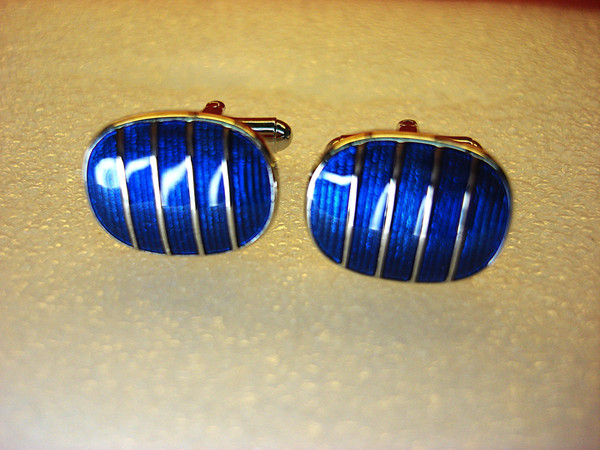 Vintage Dark Blue Guilloche Enamel Cufflinks | Sterling Silver Tone