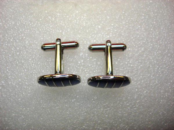 Vintage Dark Blue Guilloche Enamel Cufflinks | Sterling Silver Tone