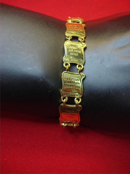 Vintage 10 Commandments Bracelet - Gold Tone Metal, 7-8 Inch