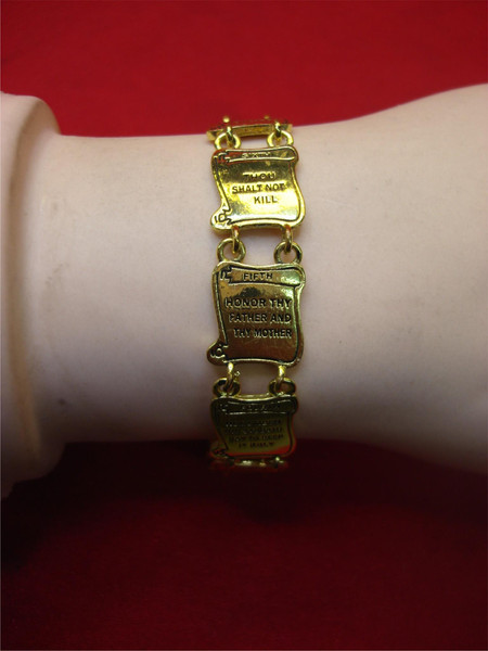 Vintage 10 Commandments Bracelet - Gold Tone Metal, 7-8 Inch