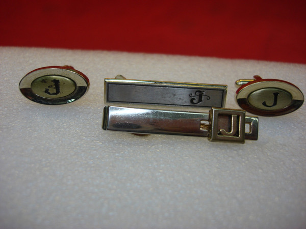 Vintage Engraved Tie Clips & Cufflinks Set - Initial J - Men's Jewelry Estate Find