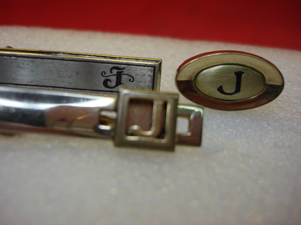 Vintage Engraved Tie Clips & Cufflinks Set - Initial J - Men's Jewelry Estate Find