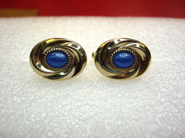 Vintage Gold Tone Cufflinks with Blue Stones - Rectangular Design