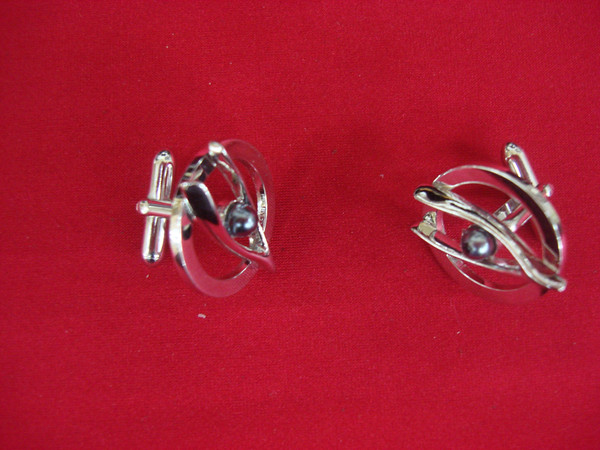 Vintage Swank Silver Tone Cufflinks - Wishbone Design with Faux Pearls - Pair #319