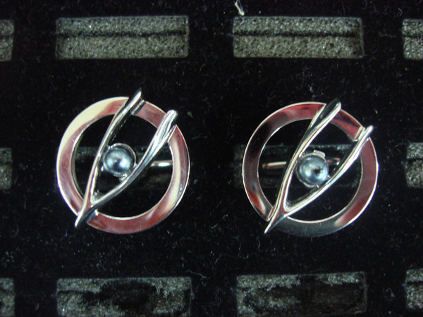 Vintage Swank Silver Tone Cufflinks - Wishbone Design with Faux Pearls - Pair #319