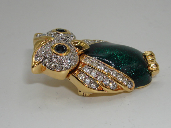 Vintage Swarovski S.A.L. Owl Brooch - Green Cloisonne Enamel & Crystals, Mint Condition