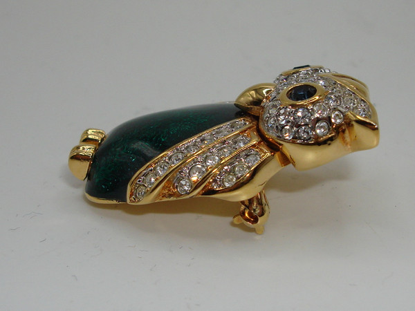 Vintage Swarovski S.A.L. Owl Brooch - Green Cloisonne Enamel & Crystals, Mint Condition