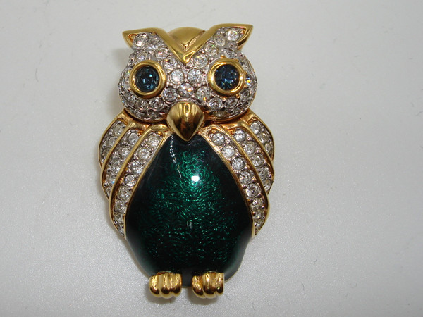 Vintage Swarovski S.A.L. Owl Brooch - Green Cloisonne Enamel & Crystals, Mint Condition