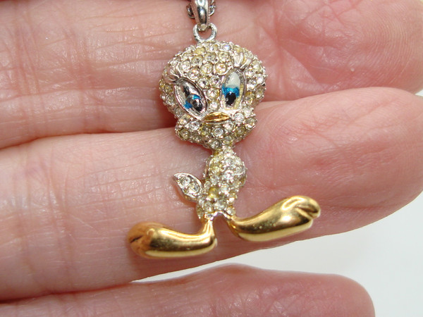 Vintage 2008 Warner Bros Tweety Bird Gold Tone Pendant - Sparkling Crystals