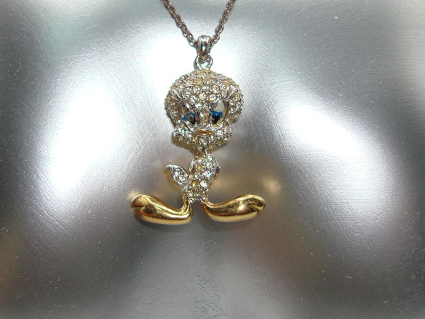 Vintage 2008 Warner Bros Tweety Bird Gold Tone Pendant - Sparkling Crystals