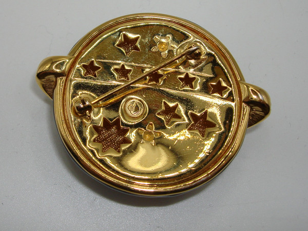 Vintage Swarovski Enamel & Crystal Moon Brooch | Blue Cloisonne, Gold-Tone Accents