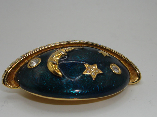 Vintage Swarovski Enamel & Crystal Moon Brooch | Blue Cloisonne, Gold-Tone Accents