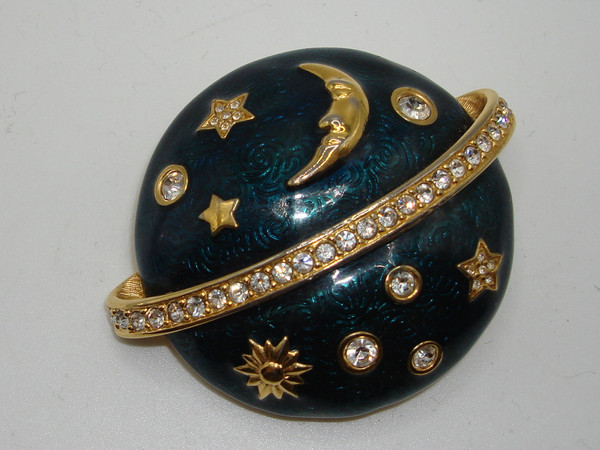 Vintage Swarovski Enamel & Crystal Moon Brooch | Blue Cloisonne, Gold-Tone Accents