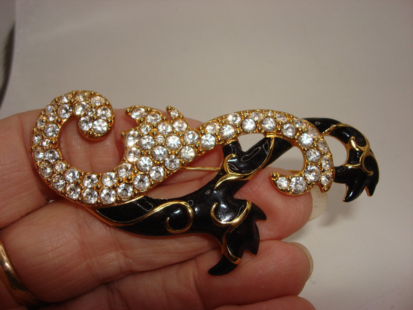 Vintage Swarovski Black Enamel & Crystal Brooch - Estate Find | Signed Swan