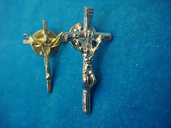 Vintage Gold & Silver Tone Crucifix Lapel Pins - Unique Pair, Excellent Condition