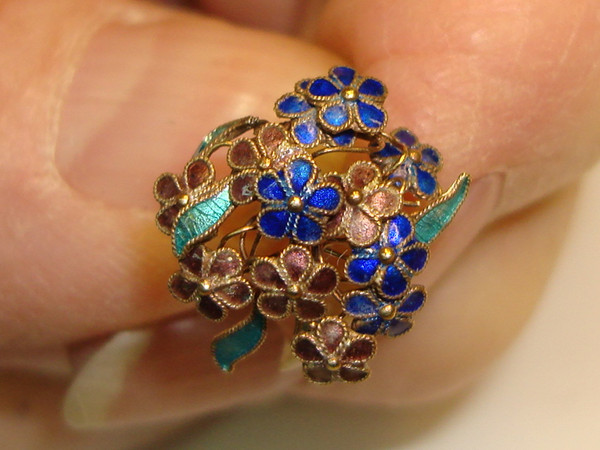 Vintage Petite Cloisonne Enamel Flower Bouquet - Artisan Crafted, Cobalt Blue & Teal