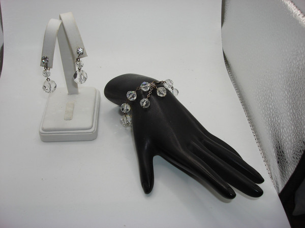 Vintage Faceted Crystal Bracelet & Dangle Earrings Set - Silver, 8 Inch