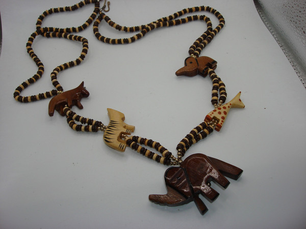 Vintage 1970s Handcrafted African Safari Animal Necklaces (Zebra, Elephant, Giraffe, Tiger)