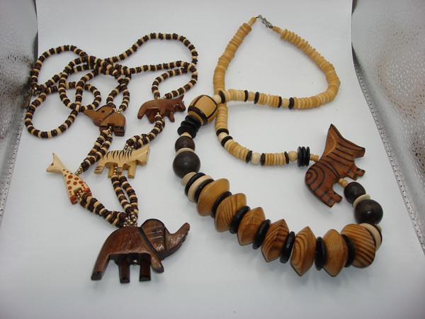Vintage 1970s Handcrafted African Safari Animal Necklaces (Zebra, Elephant, Giraffe, Tiger)