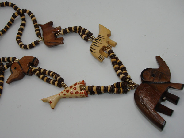 Vintage 1970s Handcrafted African Safari Animal Necklaces (Zebra, Elephant, Giraffe, Tiger)