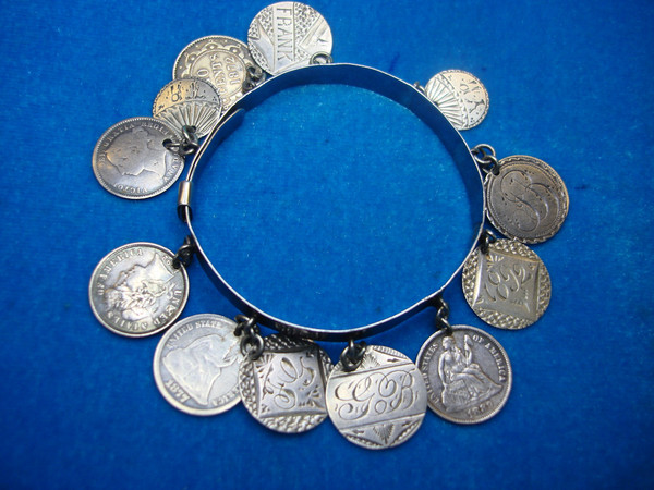 Victorian Silver Love Token Bracelet - 13 Antique Coins, USA & Canada (c. 1800s)