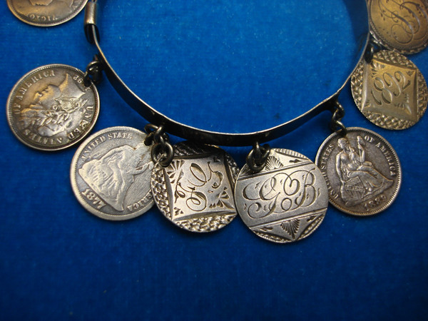 Victorian Silver Love Token Bracelet - 13 Antique Coins, USA & Canada (c. 1800s)