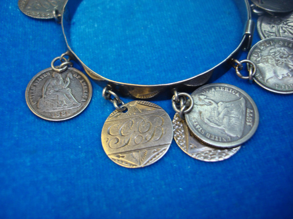 Victorian Silver Love Token Bracelet - 13 Antique Coins, USA & Canada (c. 1800s)