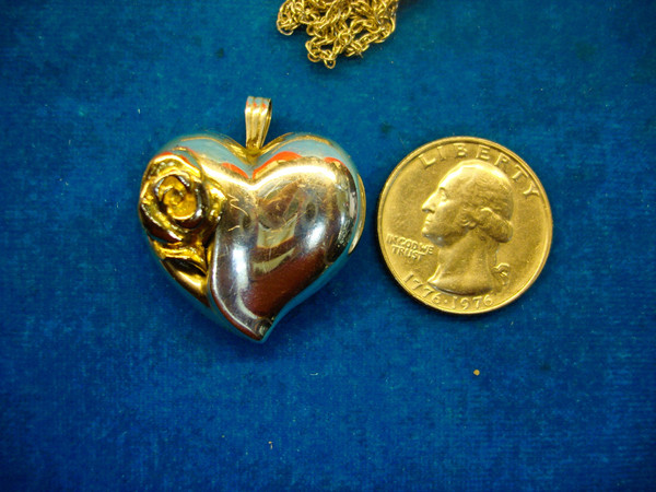 Gorham Sterling Silver Puffy Heart Pendant with Yellow Gold Rose Accent & 30