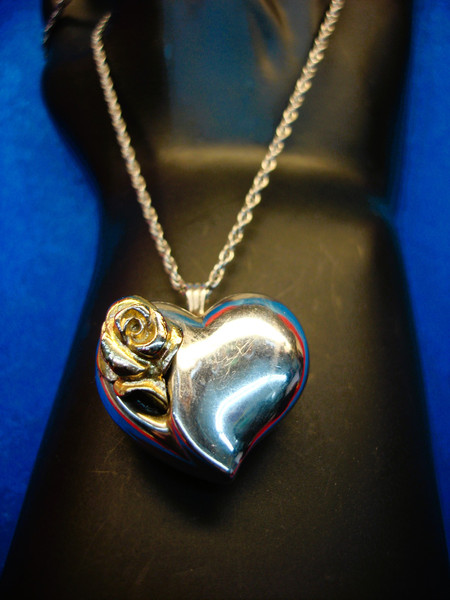 Gorham Sterling Silver Puffy Heart Pendant with Yellow Gold Rose Accent & 30
