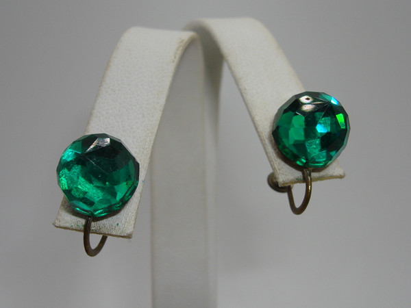 Vintage Art Deco Green Vauxhall Glass Screw Back Earrings - Estate Find