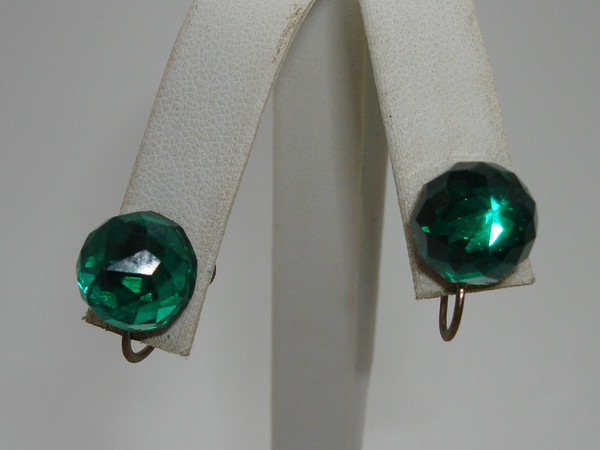 Vintage Art Deco Green Vauxhall Glass Screw Back Earrings - Estate Find