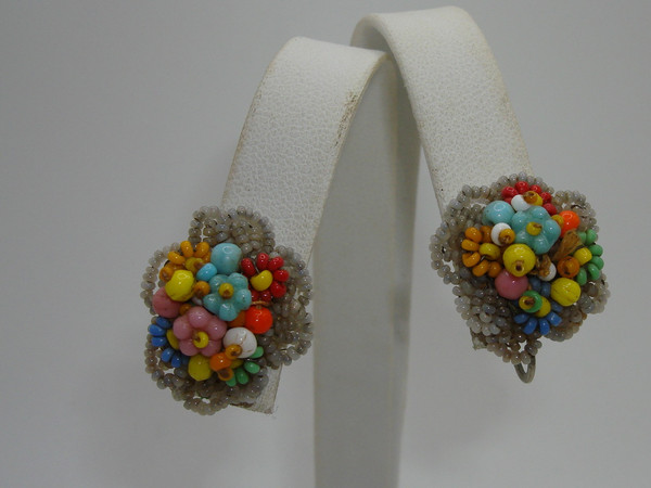 Vintage 1950s Haskell Inspired Beaded Screw Back Earrings - Colorful Floral Design