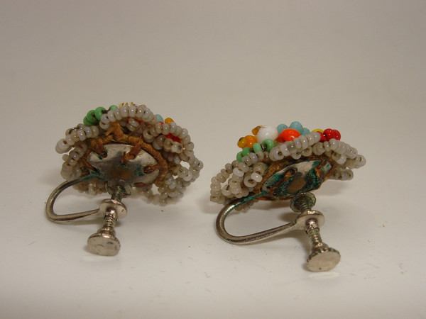 Vintage 1950s Haskell Inspired Beaded Screw Back Earrings - Colorful Floral Design