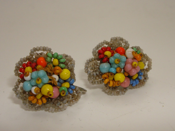 Vintage 1950s Haskell Inspired Beaded Screw Back Earrings - Colorful Floral Design