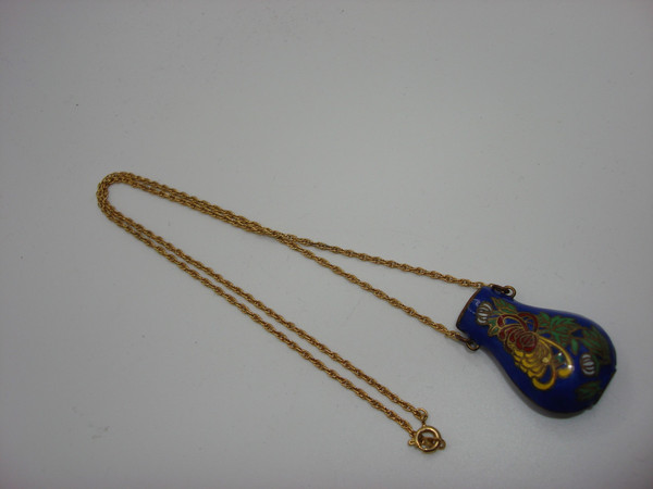 Vintage Cobalt Blue Cloisonne Enamel Scent Bottle Pendant Necklace - Original Box