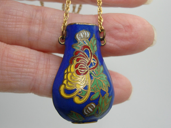 Vintage Cobalt Blue Cloisonne Enamel Scent Bottle Pendant Necklace - Original Box