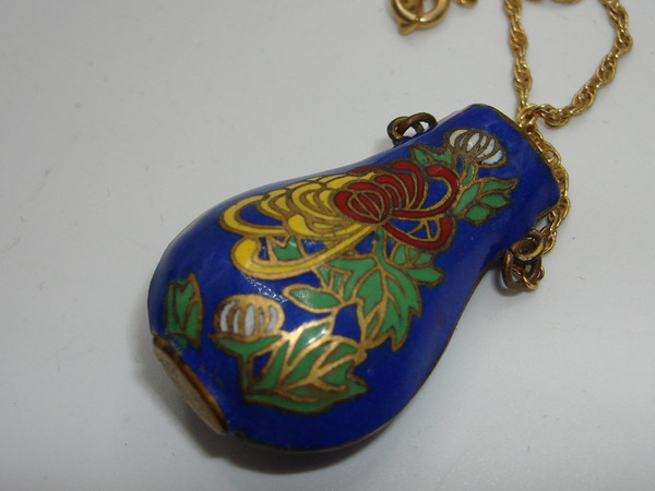 Vintage Cobalt Blue Cloisonne Enamel Scent Bottle Pendant Necklace - Original Box