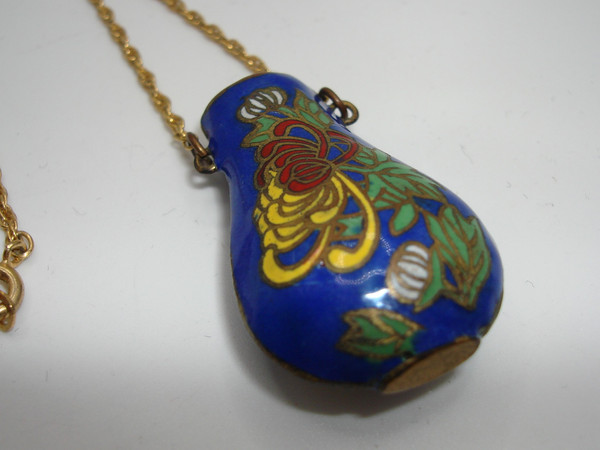 Vintage Cobalt Blue Cloisonne Enamel Scent Bottle Pendant Necklace - Original Box