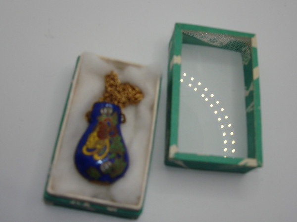 Vintage Cobalt Blue Cloisonne Enamel Scent Bottle Pendant Necklace - Original Box