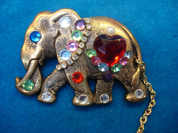Vintage Elephant & Calf Pin - Multicolored Stone Accents, Estate Collection
